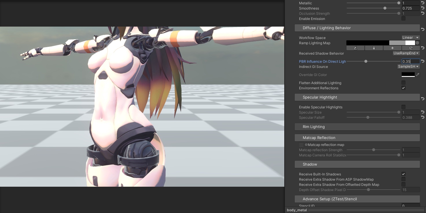現在のマテリアル設定では、PBR を混ぜた拡散反射により環境反射がやや強めに出ています。