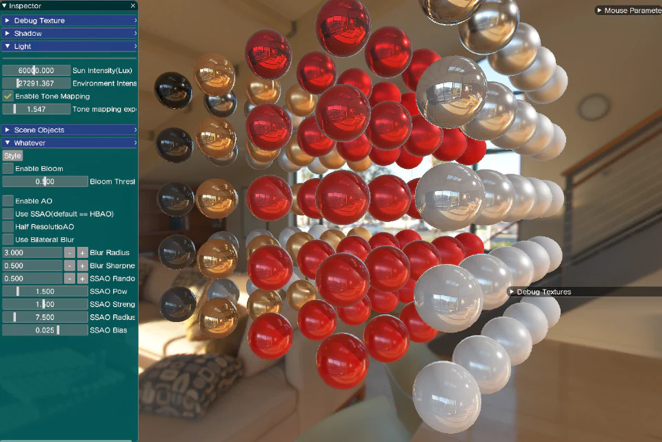 BRDF and clear-coat material spheres in the OpenGL renderer
